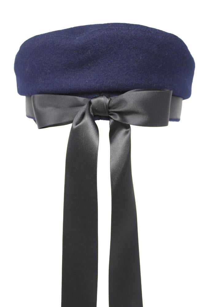 Chanel Blue Felt Cap with Grosgrain Ribbons