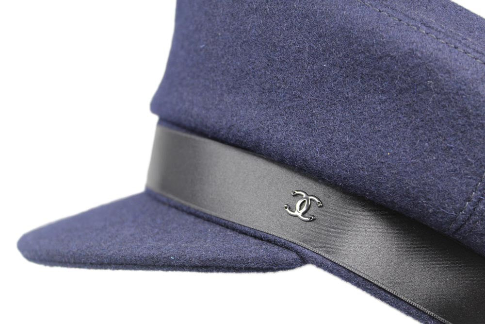 Chanel Blue Felt Cap with Grosgrain Ribbons